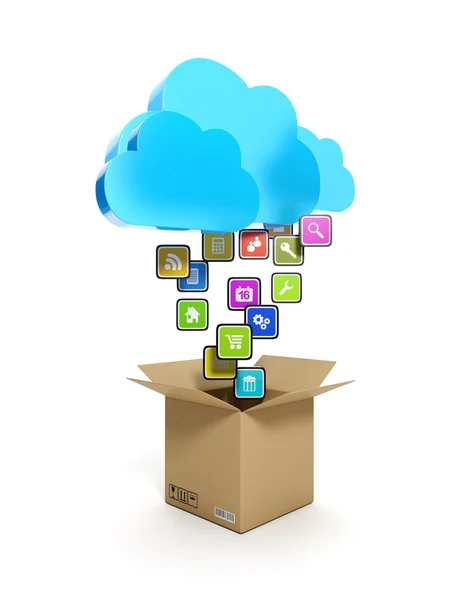 Illustration 3d : Téléchargement d'icônes mobiles. Un nuage bleu et un bo — Photo