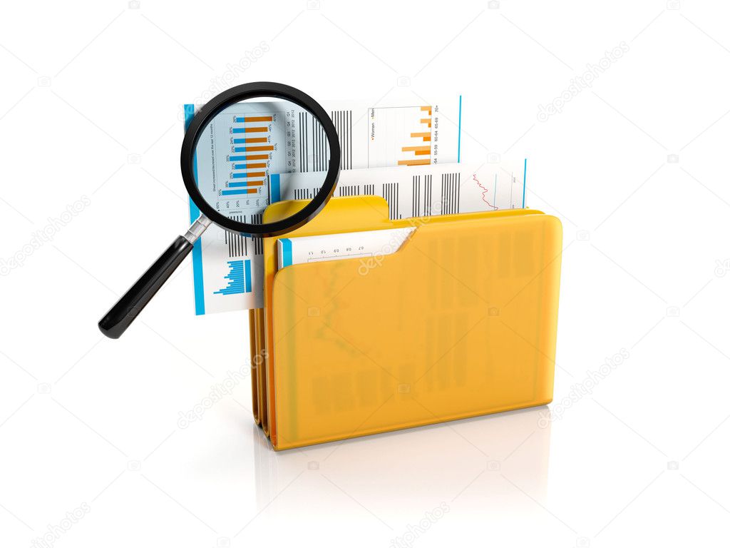 3d illustration: Big yellow folder with a magnifying glass. Find