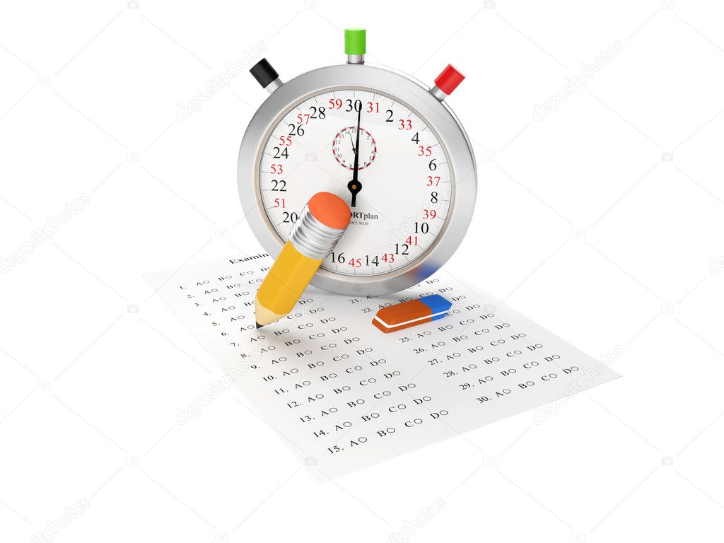 3d Illustration: Stopwatch and examination sheet. Passing the ex