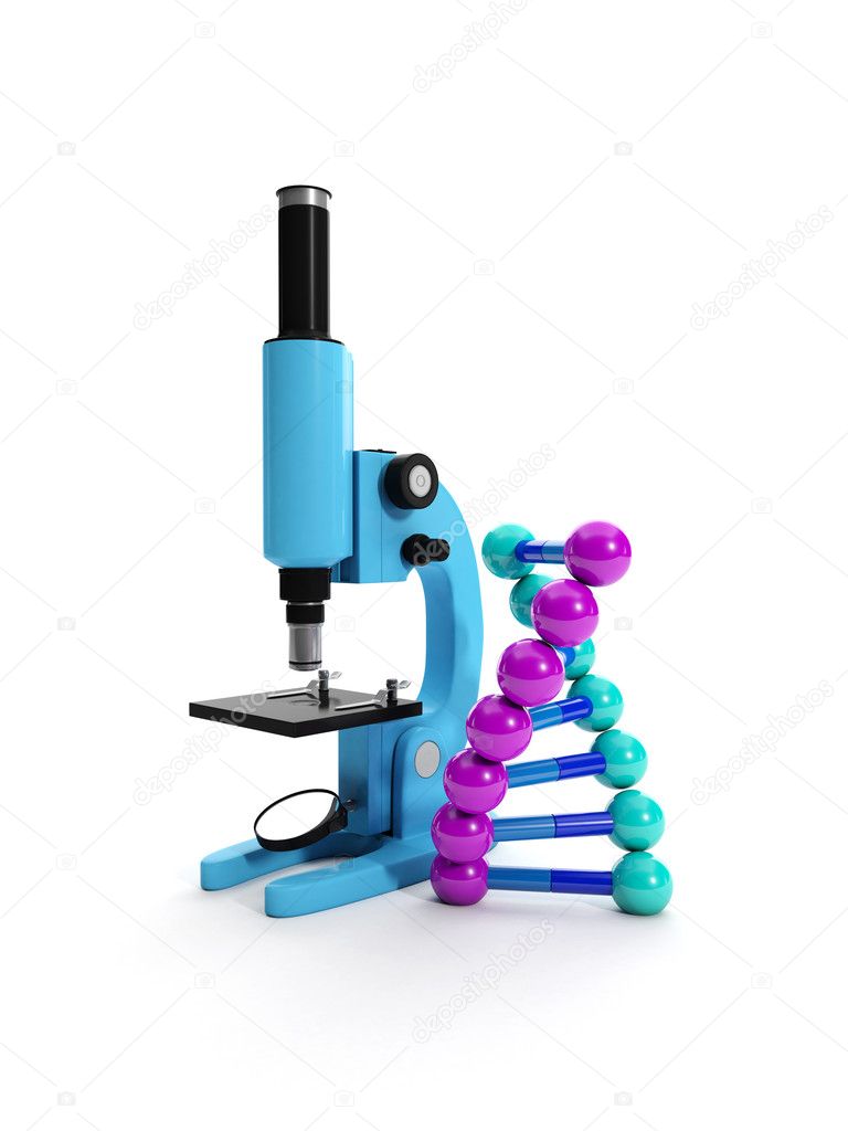 3d Illustration: A microscope and a chain of DNA. Conduct resear