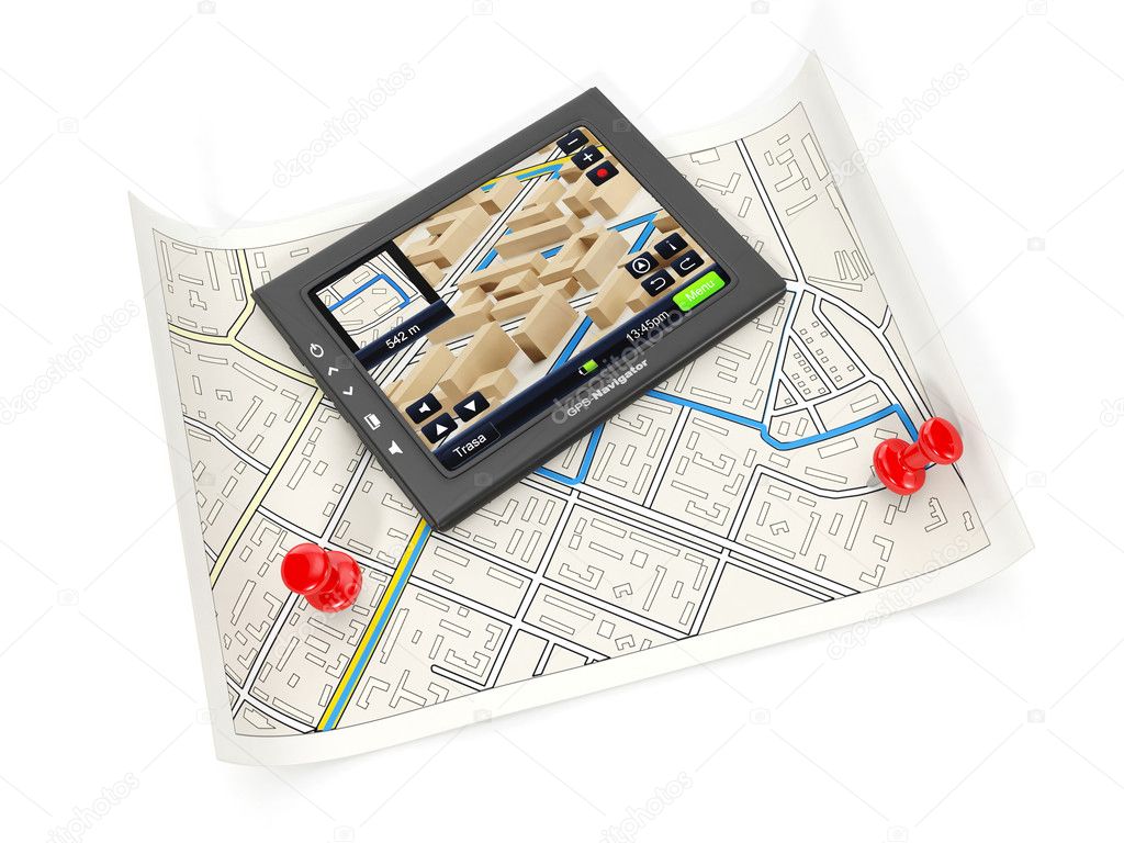 3d illustration: The GPS navigator and the card on a white backg