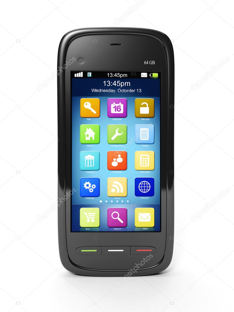 3D illustration: Mobile phone on a white background in the face