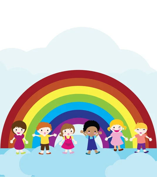 Glada barn med regnbåge — Stock vektor