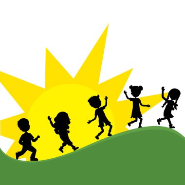 Silhoeuttes children with sun background clipart