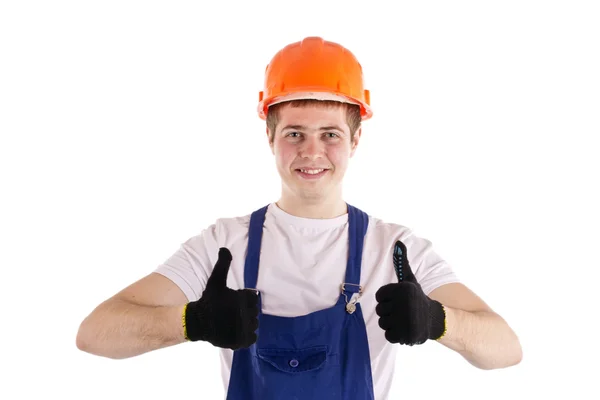 Working in a helmet on a white background — Stock Photo, Image