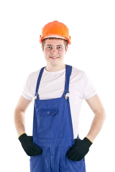Working in a helmet on a white background — Stock Photo, Image