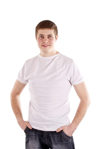 Jeune homme dans un style décontracté vêtements sur fond blanc — Photo