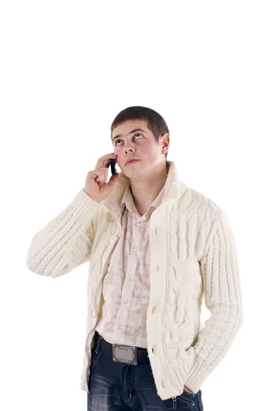 Man met mobiele telefoon geïsoleerd op de witte achtergrond — Stockfoto