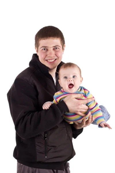 Ο πατέρας ενός παιδιού στην αγκαλιά της, σε λευκό φόντο — Φωτογραφία Αρχείου
