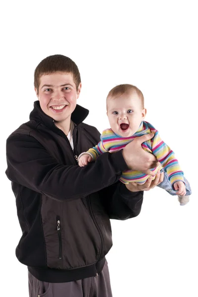 The father of a child in her arms, on a white background — Stock Photo, Image