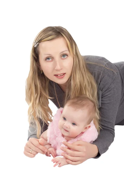 Mother and young daughter looking at a frame on a white background, focus on the eyes — Stock Photo, Image