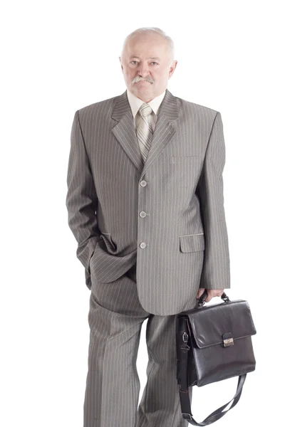 Человек с черным кожаным чехлом на белом фоне — стоковое фото