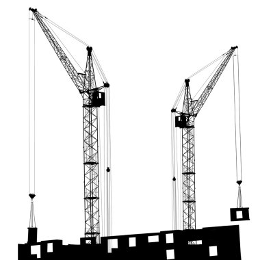 Silhouette of two cranes working on the building clipart