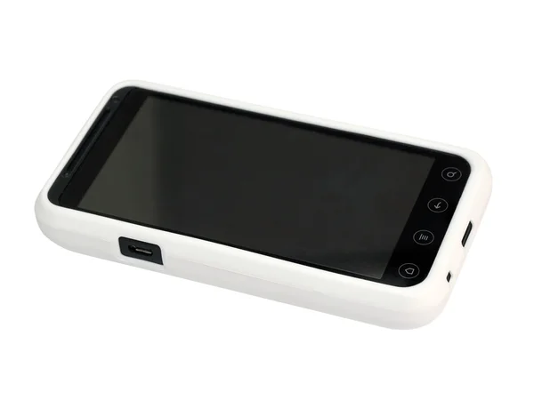 Telefone celular em uma capa branca com uma tela em branco. — Fotografia de Stock