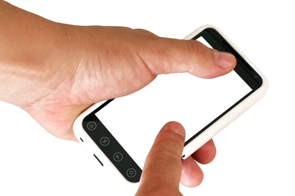 Teléfono móvil con pantalla en blanco en la mano de un hombre . — Foto de Stock