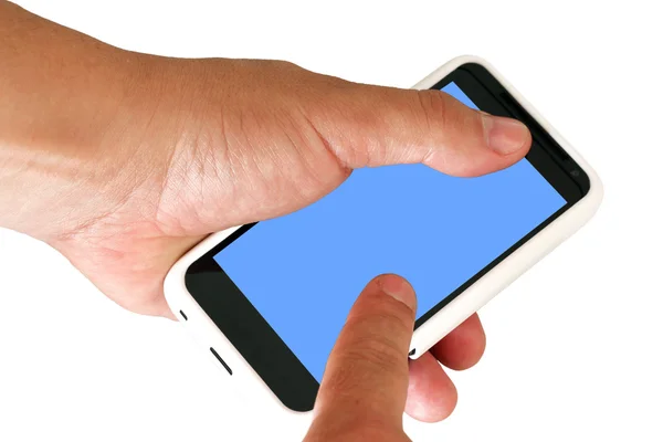Teléfono móvil con pantalla en blanco en la mano de un hombre . — Foto de Stock