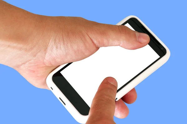 Mobiele telefoon met leeg scherm in een man's hand. — Stockfoto