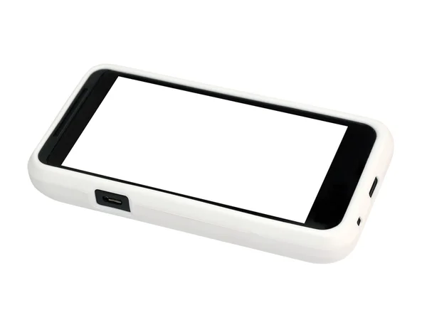 Mobiele telefoon in een witte hoes met een leeg scherm. — Stockfoto