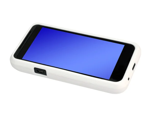 Mobilní telefon v obalu s prázdnou obrazovkou. — Stock fotografie