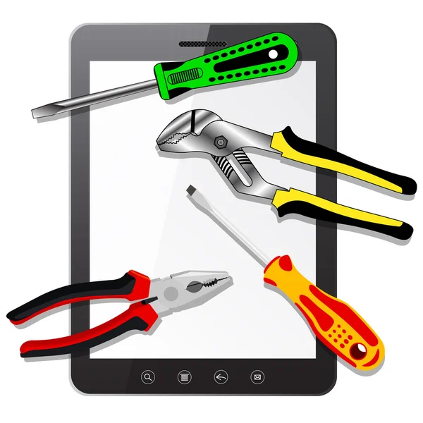 Tablet pc-computer met tools — Stockfoto