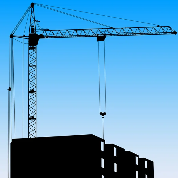 Silhouette of one cranes working on the building on a blue backg — Stok fotoğraf