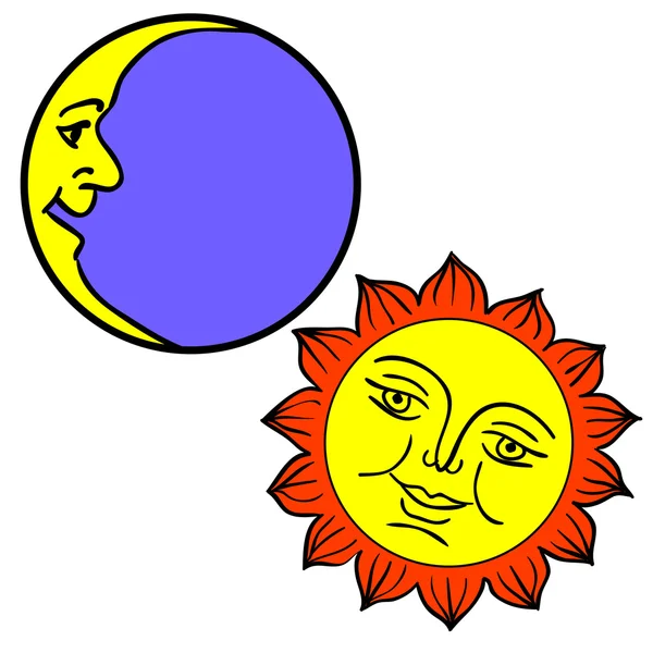 Illustration of Moon and Sun with faces — Stock Photo, Image