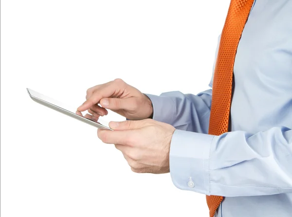 Dijital tablet üzerinde beyaz izole kullanma — Stok fotoğraf