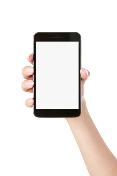 Mão segurando telefone inteligente em branco — Fotografia de Stock