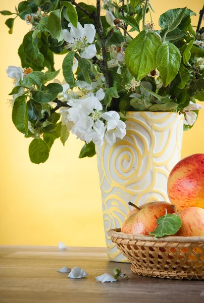 Mooie rijp appelen en takken van een bloeiende appelboom in — Stockfoto