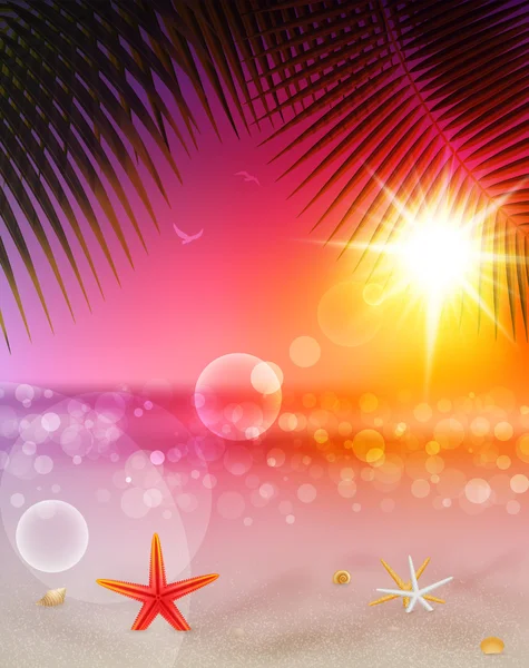 Deniz kenarındaki güzel günbatımı manzaralı palmiye yaprakları — Stok Vektör