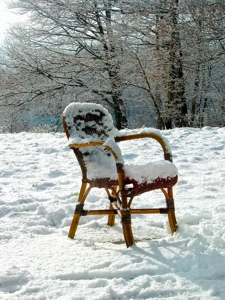 Krzesło wiklinowe na łąka śnieg. Holandia — Zdjęcie stockowe