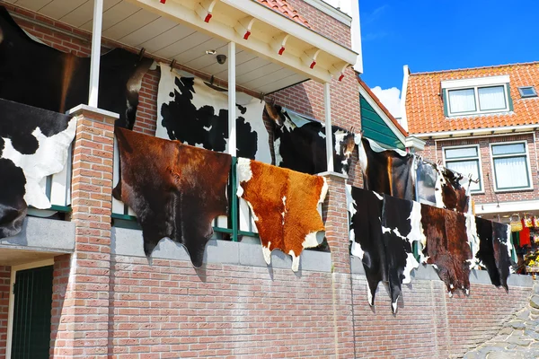 Tanned hides on the balcony of the leather shop in Volendam. Net — Stock Photo, Image