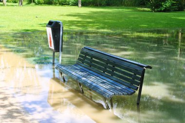 amsterdam'ın sular altında bir parkta bir bankta