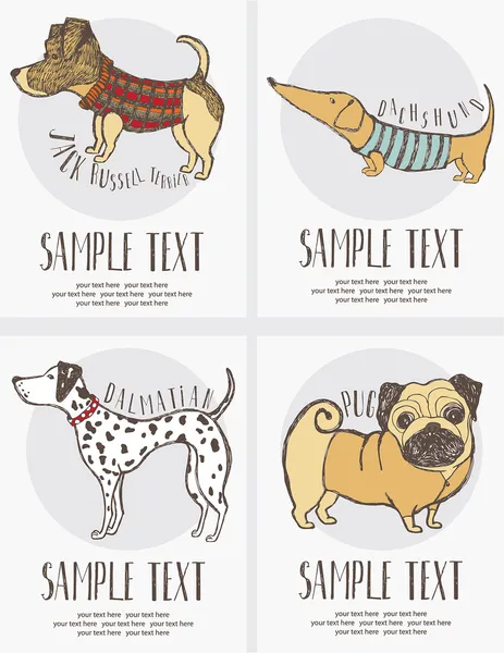 Schets-stijl tekening van de honden kaarten set — Stockvector