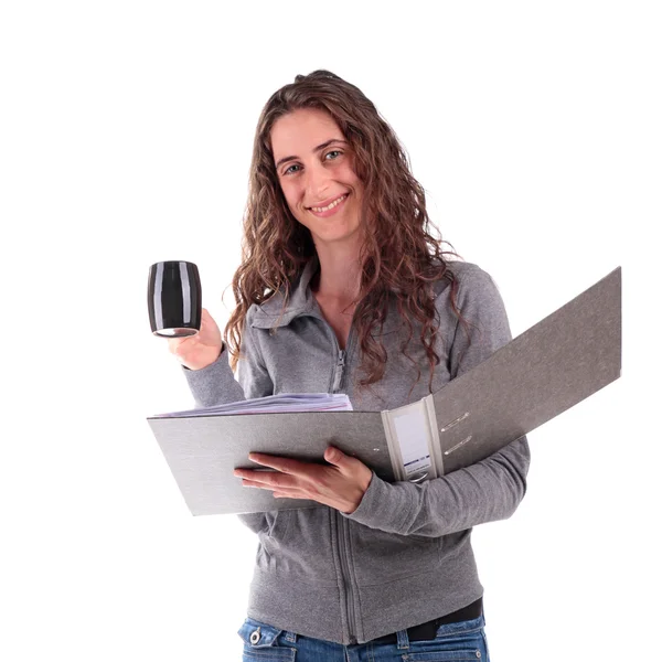 Mulher com documento e xícara de café — Fotografia de Stock