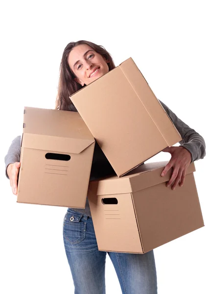 Woman with cardboard — Stock Photo, Image