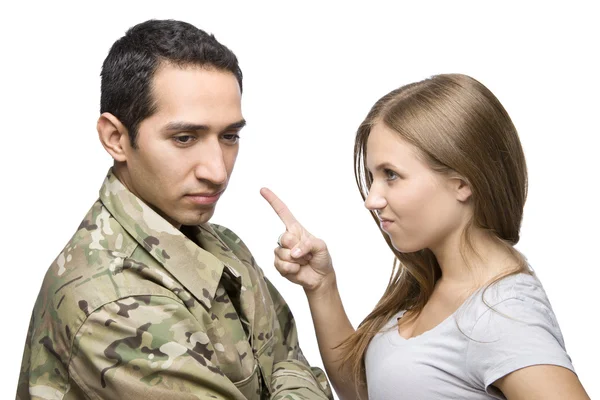 Angry Military Wife Points at Serviceman — Stock Photo, Image