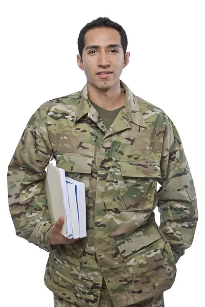 Pria Militer Latin dengan Buku Sekolah — Stok Foto