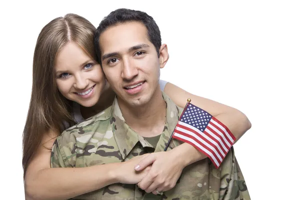 军事丈夫和妻子拥抱 — 图库照片