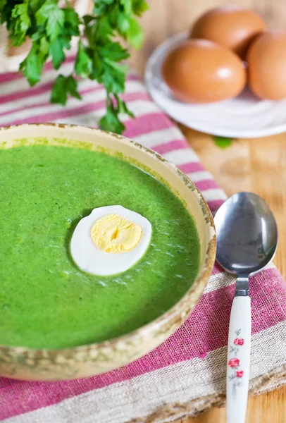 Kremalı ıspanak çorbası ile yumurta — Stok fotoğraf