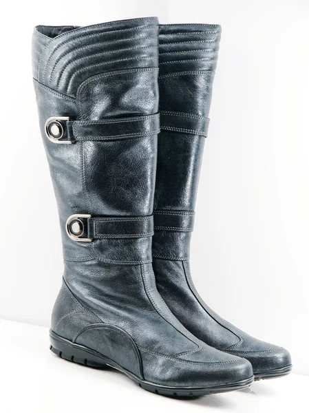 Stylish black leather women's boots — Stock Photo, Image