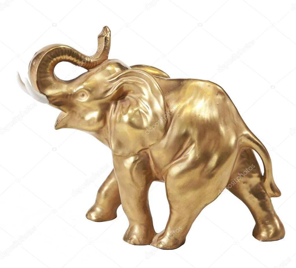 Golden elephant standing isolated on white background