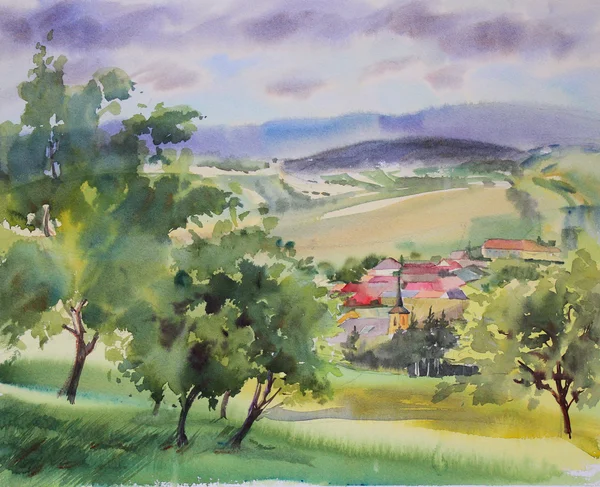 Austrian landscape painted by watercolor — Stock Photo, Image