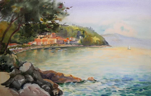 Pintura aquarela paisagem marinha na Croácia, perto da cidade de Rijeka . — Fotografia de Stock