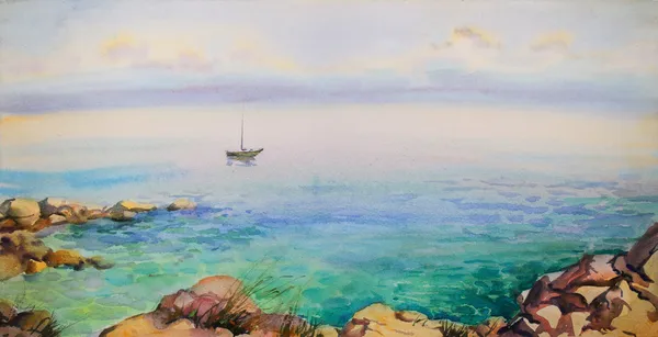 Aquarela pintura paisagem marinha — Fotografia de Stock