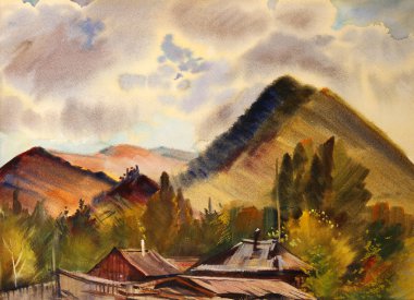 Mountain landscape painted by watercolor in Zamulta village, Altai Mountains clipart