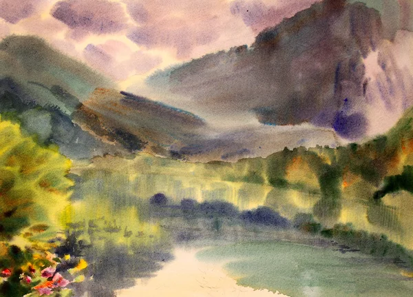 Sulu boya ile boyanmış dağ manzarası. — Stok fotoğraf