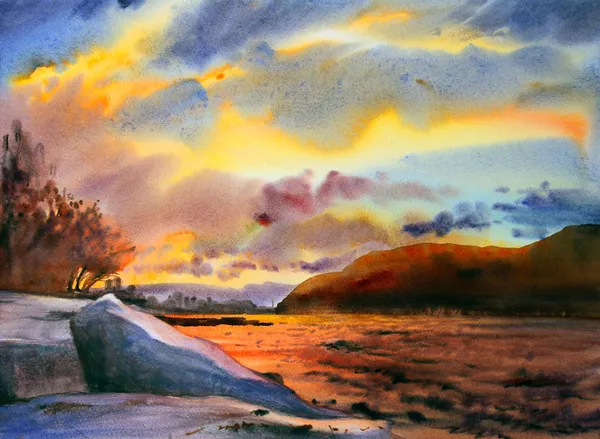 Sulu boya ile boyanmış dağ manzarası — Stok fotoğraf