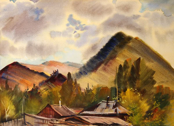 Paesaggio di montagna dipinto ad acquerello nel villaggio di Zamulta, Montagne Altai — Foto Stock