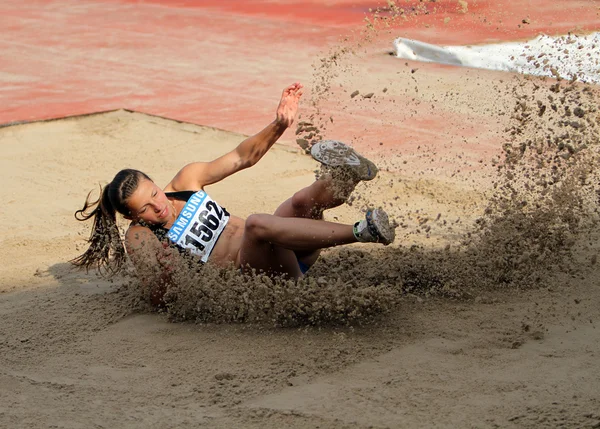 Beh Marina competes in the long jump competition on the Ukrainian Track & Field Championships June 01, 2012 in Yalta, Ukraine. — Stock Photo, Image